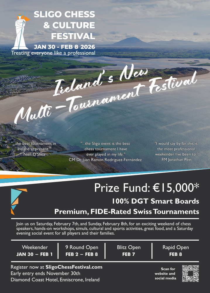 Exciting changes to the Sligo event in 2026. Now a multi-tournament chess festival. Save the dates in your calender Jan 30th to Feb 8th. 